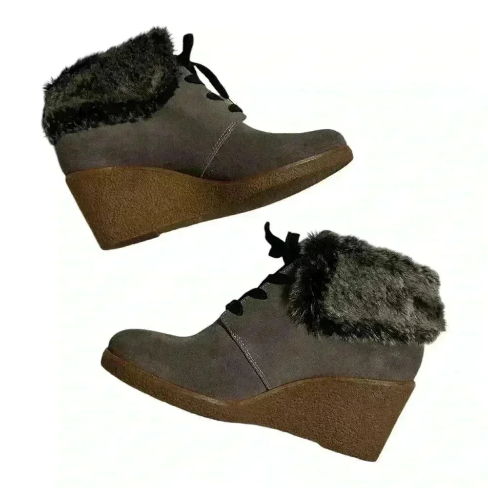 Cole Haan Coralie Waterproof Gray Suede Wedge Faux Fur Bootie Women’s 9